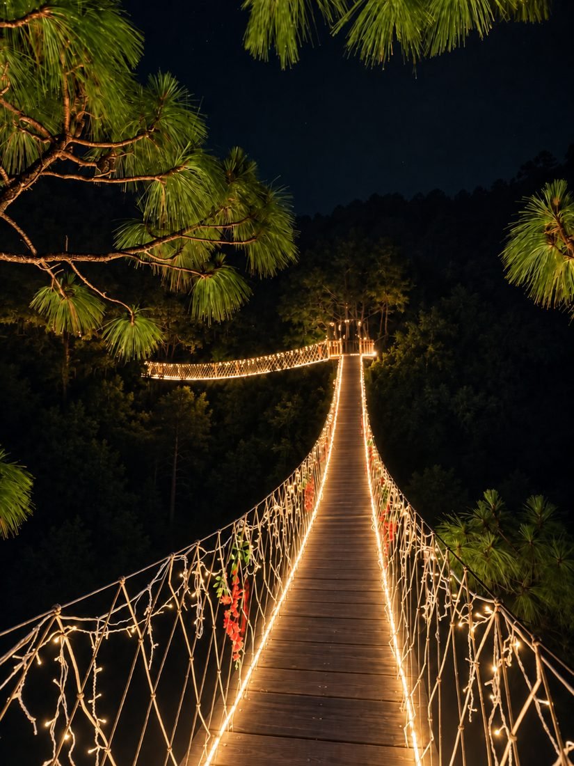 Puente colgante iluminado entre los pinos, de noche